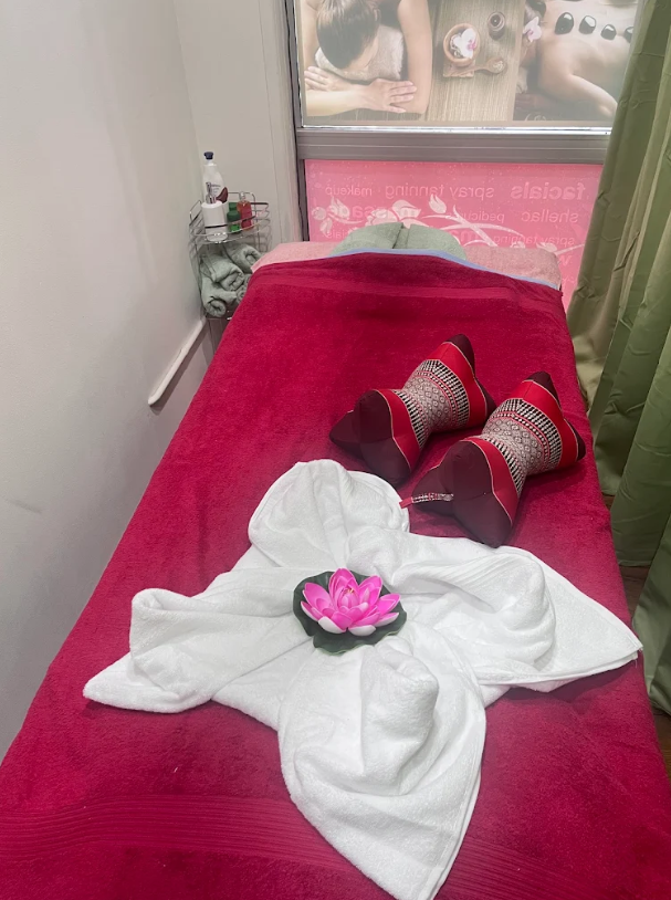 Massage treatment room with lotus flower